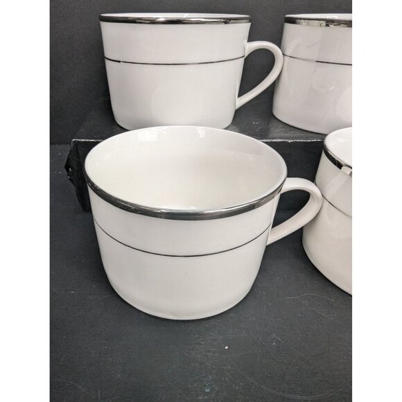 HausenWare White Porcelain Flat Coffee/Tea Cup 8 Oz Silver Rim Set of 4 - Picture 2 of 9